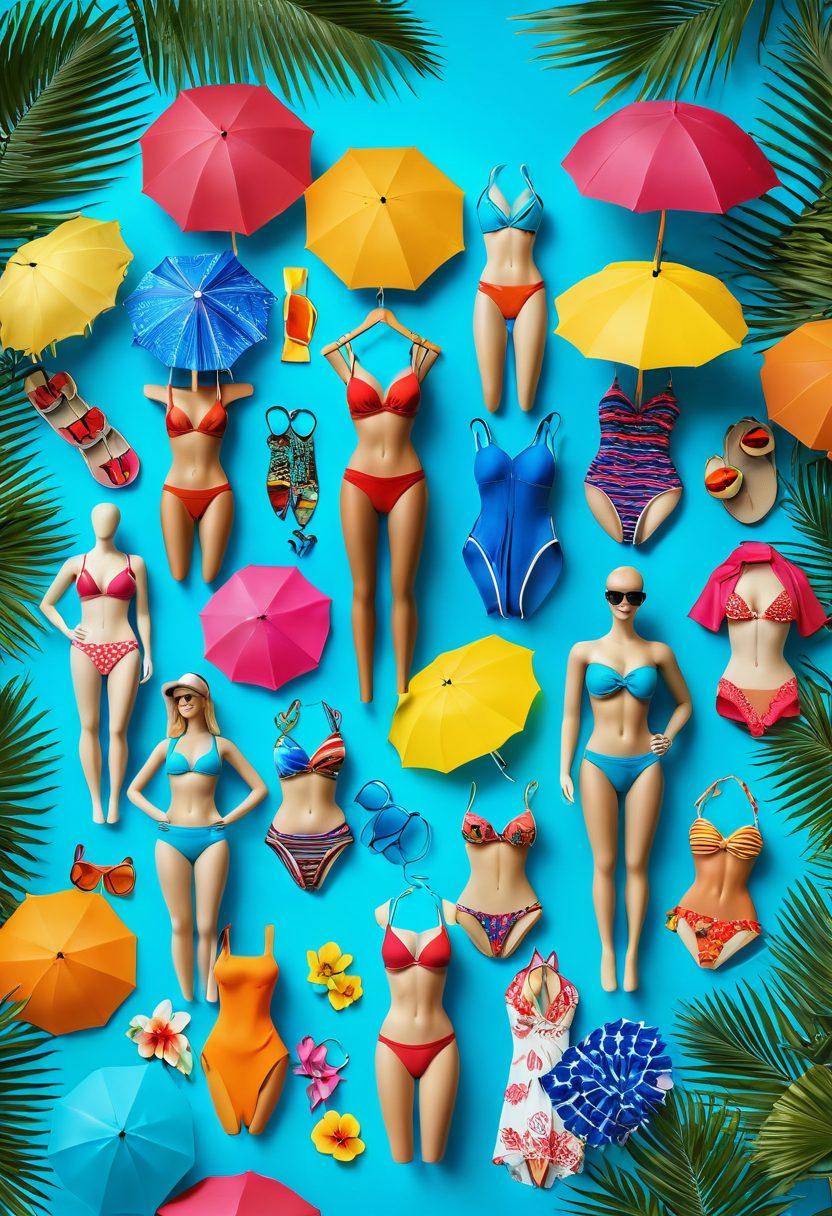 A vibrant beach scene showcasing diverse bikini styles and luxurious swimwear collections displayed on mannequins, surrounded by tropical palm trees, azure waves, and sunbathers enjoying the sun. Include colorful beach umbrellas and stylish summer accessories like hats and sunglasses, creating a lively and trendy atmosphere. super-realistic. vibrant colors. 3D.